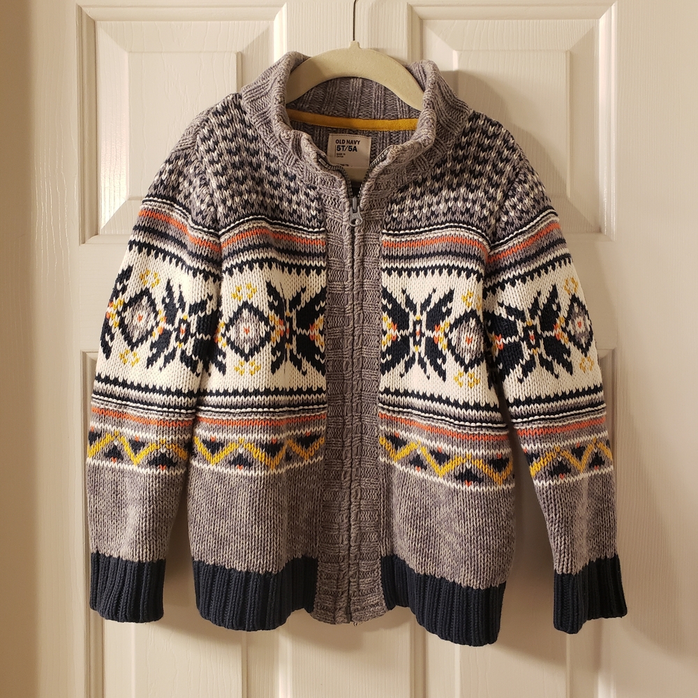 Old Navy Handsome Gray, Navy, Cream & Orange Pattern Heavy Knit Zip Sweater (5T) - Picture 2 of 4